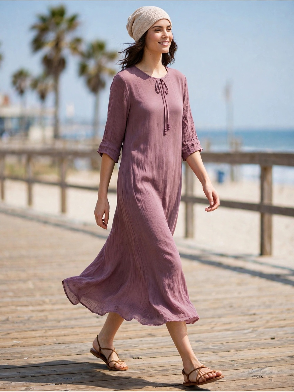 Mauve Tie-Neck Midi Dress Festival Boho Indi Medium Loungewear big pockets